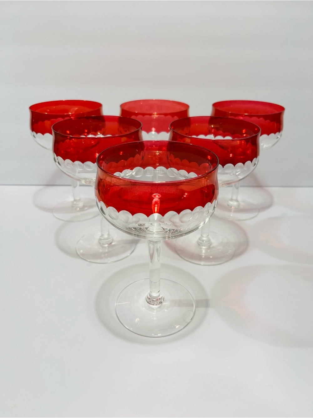 Vtg MCM Czech Thin Crystal  Cranberry & Cut Dots Set of 6 Coupe or Wine Glasses